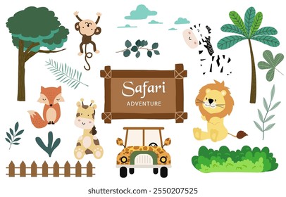 Set of safari object element with animal, car and tree