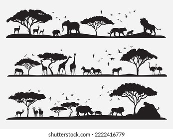 Set of safari scene set. Collection of African savannah animals among the trees. Africa. Vector illustration of wild nature silhouette.