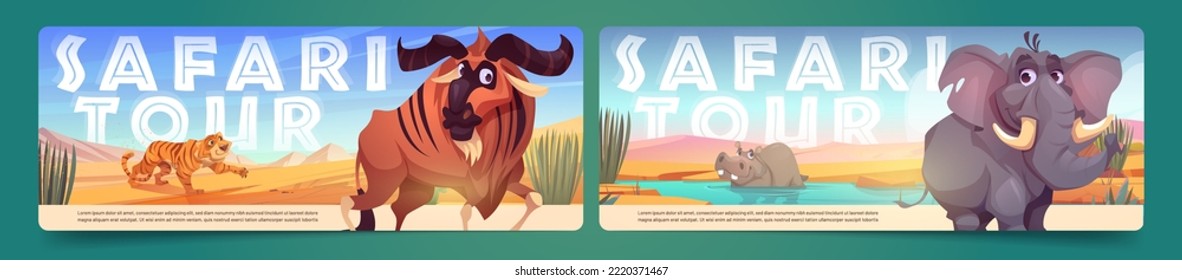 Set of safari tour banner layouts with tiger, elephant, hippo and African buffalo. Cartoon vector illustration of exotic wild animals against savannah landscape background. Wildlife recreation tourism - Shutterstock ID 2220371467
