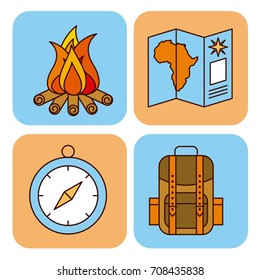 set safari travel vacation equipment icons