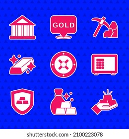 Set Safe, Bag of gold bars, Gold, with shield, mining and Bank building icon. Vector