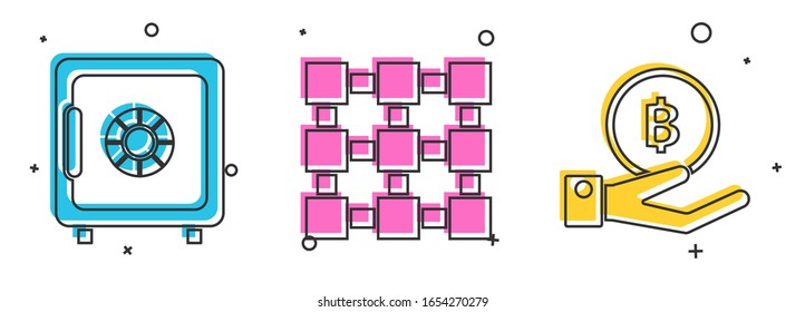 Set Safe, Blockchain technology and Hand holding Bitcoin icon. Vector
