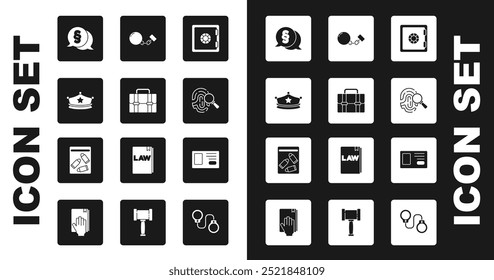 Conjunto seguro, maletín, gorra de policía con escarapela, ley, huella digital, bola en la cadena, insignia de Identificación e ícono de bolso y bala de evidencia. Vector