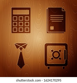 Set Safe, Calculator, Tie and File document on wooden background. Vector
