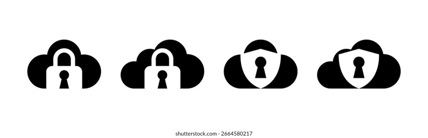 Set of safe clouds icons, security system with clouds. Shield and padlock vector symbols. For privacy protection and data security.