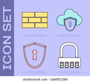 Set Safe combination lock , Bricks , Shield with keyhole  and Cloud and shield icon. Vector