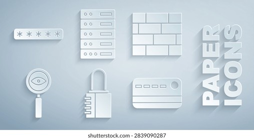 Set Safe combination lock, Bricks, Magnifying glass Search, Credit card, Server, Data, Web Hosting and Password protection icon. Vector