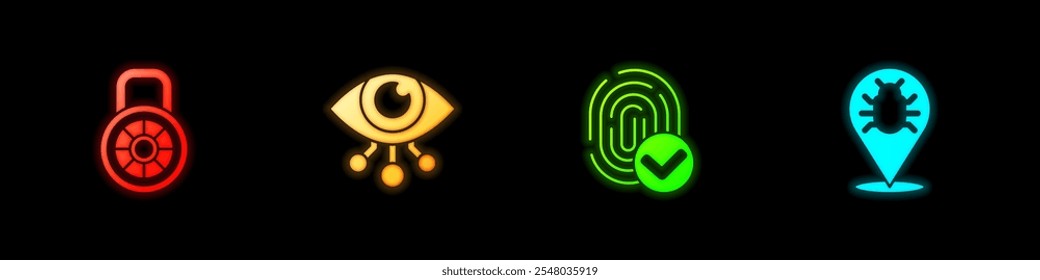 Set Safe combination lock, Eye scan, Fingerprint and System bug icon. Vector