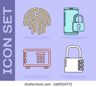 Establecer el bloqueo combinado de seguridad , Huella digital , Teléfono seguro y Smartphone con icono de candado cerrado. Vector
