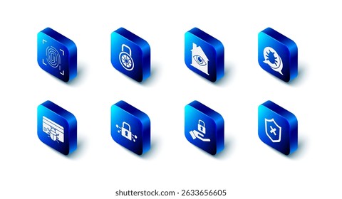 Set Safe combination lock, House with eye scan, System bug, Shield cross mark, Lock hand, Cyber security, credit card and Fingerprint icon. Vector