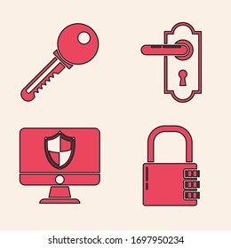 Set Safe combination lock , Key , Door handle  and Computer monitor and shield  icon. Vector