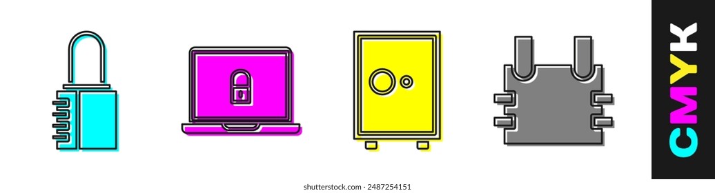 Set Safe combination lock, Laptop and lock, Safe and Bulletproof vest icon. Vector