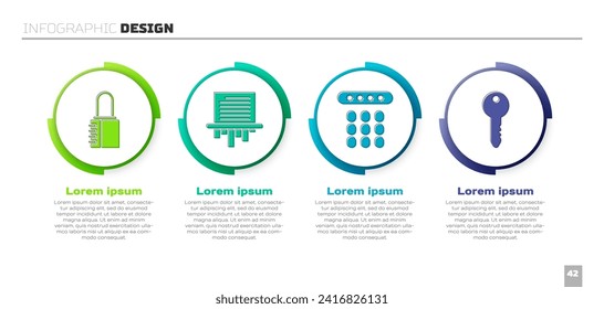 Set Safe combination lock, Paper shredder, Password protection and Key. Business infographic template. Vector