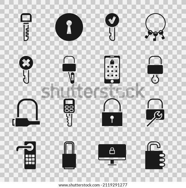 Set Safe combination lock, Lock repair, and key,\
Key, picks for picking, Wrong,  and Mobile graphic password icon.\
Vector