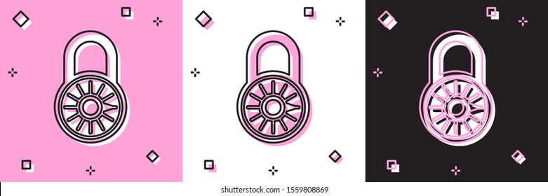 Set Safe combination lock wheel icon isolated on pink and white, black background. Combination padlock. Security, safety, protection, password, privacy.  Vector Illustration