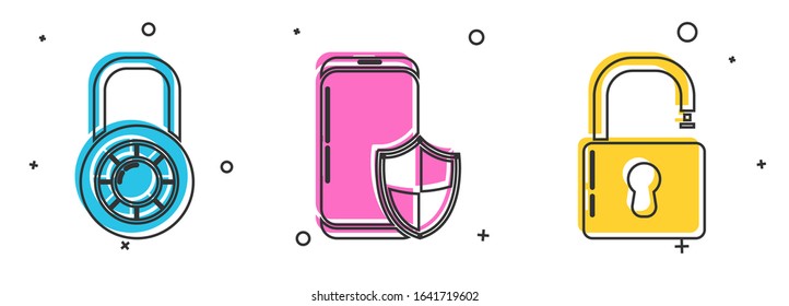 Set Safe combination lock wheel. Smartphone with security shield and Open padlock  icon. Vector.