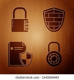 Set Safe combination lock wheel , Safe combination lock , Document protection concept  and Shield with cyber security brick wall  on wooden background. Vector