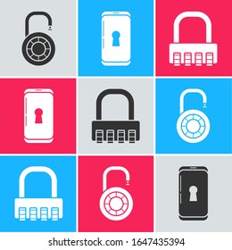 Set Safe combination lock wheel , Smartphone with lock  and Safe combination lock  icon. Vector
