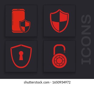 Coloque el cierre combinado de seguridad, el Smartphone con protección, Escudo y escudo con icono de apertura. Vector