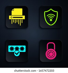 Set Safe combination lock wheel , Paper shredder confidential, Password protection and safety access and Shield with WiFi wireless internet network. Black square button. Vector