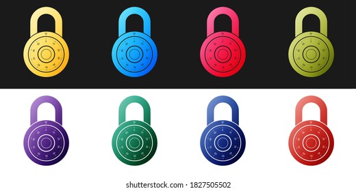 Set Safe combination lock wheel icon isolated on black and white background. Combination Padlock. Protection concept. Password sign. Vector.