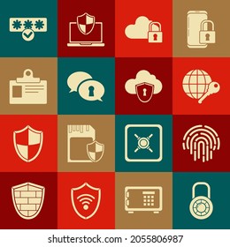 Set Safe combination lock wheel, Fingerprint, Globe key, Cloud computing, Protection of personal data, Identification badge, Password protection and safety access and shield icon. Vector