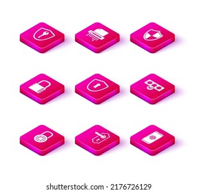 Ajuste el volante de bloqueo de combinación de seguridad, el asa de la puerta, el escudo con el teclado, el escáner de huellas dactilares del Smartphone, el acceso de seguridad de protección por contraseña y el icono confidencial de la trituradora de papel. Vector