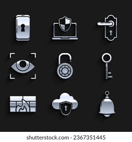 Set Safe combination lock wheel, Cloud and shield, Ringing bell, Key, Firewall, security wall, Eye scan, Door handle and Smartphone with icon. Vector