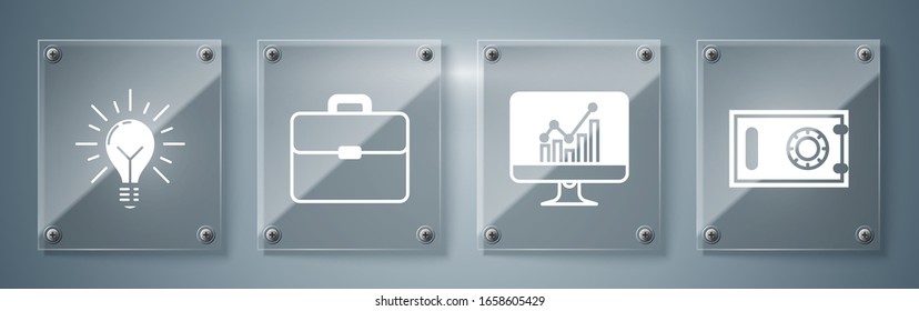 Set Safe, Computer monitor with graph chart, Briefcase and Light bulb with rays shine and concept of idea. Square glass panels. Vector