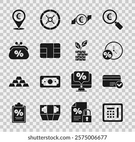 Set Safe, Credit card, Clock and percent, Financial growth euro coin, with chip, Purse money, Cash location and Dollar plant icon. Vector