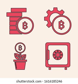 Set Safe, Cryptocurrency coin Bitcoin, Cryptocurrency coin Bitcoin and Bitcoin plant in the pot icon. Vector