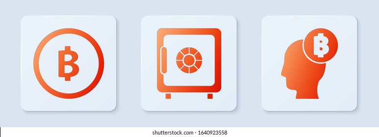 Set Safe, Cryptocurrency coin Bitcoin and Bitcoin think. White square button. Vector