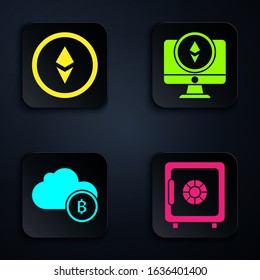 Set Safe, Cryptocurrency coin Ethereum ETH, Cryptocurrency cloud mining and Monitor and Cryptocurrency coin Ethereum ETH. Black square button. Vector