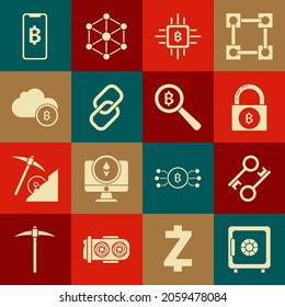 Establecer a salvo, clave de criptodivisa, Bloquear con bitcoin, granja de minería de CPU, enlace de cadena, nube, teléfono móvil y criptodivisa Bitcoin y icono de cristal de aumento. Vector
