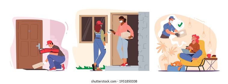 Set Safe Delivery Service Concept. Courier Characters Delivering Grocery and Post Parcels Order to Home of Customer with Mask and Gloves During Coronavirus Pandemic. Cartoon People Vector Illustration