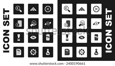 Set Safe, Discount percent tag, Coin money with dollar, Magnifying glass and euro, Financial growth, Gold bars, Percent discount mobile and Old hourglass icon. Vector
