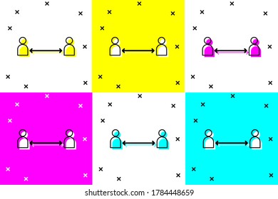 Establecer el icono de distancia segura aislado en el fondo del color. Virus y personas que mantienen la distancia por riesgo de infección.  Ilustración vectorial