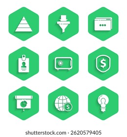 Set Safe, Earth globe with dollar, Light bulb concept of idea, Shield, Graph, chart, diagram, infographic, Identification badge, Website template and Pyramid infographics icon. Vector