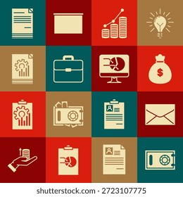 Set Safe, Envelope, Money bag, Pie chart infographic and coin, Briefcase, Document with,  and Computer monitor icon. Vector