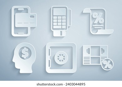 Set Safe, Finance document, Business man planning mind, Money percent, POS terminal with credit card and Mobile banking icon. Vector