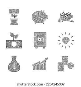 Set Safe, aumento del crecimiento financiero, cheque de papel o financiero, Diamante, Bolsa de dinero, planta la olla, Banco de cerdos rotos e icono. Vector
