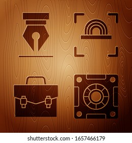 Set Safe, Fountain pen nib, Briefcase and Fingerprint on wooden background. Vector