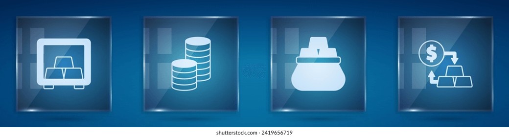 Set a salvo con barras de oro, dinero de monedas de oro, Bolsa y cambio. Paneles de vidrio cuadrado. Vector