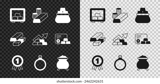 Set Safe with gold bars, Gold coin, Bag of, Medal, ring, Molten being poured, exchange money and Growth arrow icon. Vector