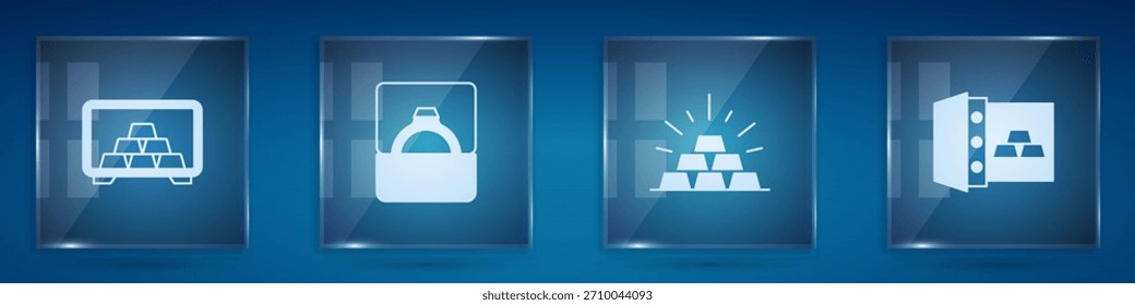 Caja fuerte con barras de oro, anillo de compromiso de diamantes en caja, oro y . Paneles de vidrio cuadrados. Vector