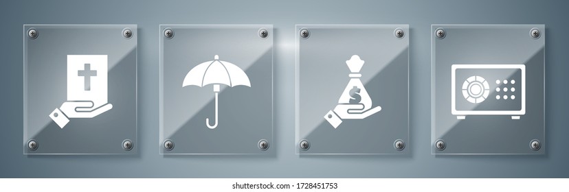 Set Safe, Hand holding money bag, Umbrella and Oath on the Holy Bible. Square glass panels. Vector