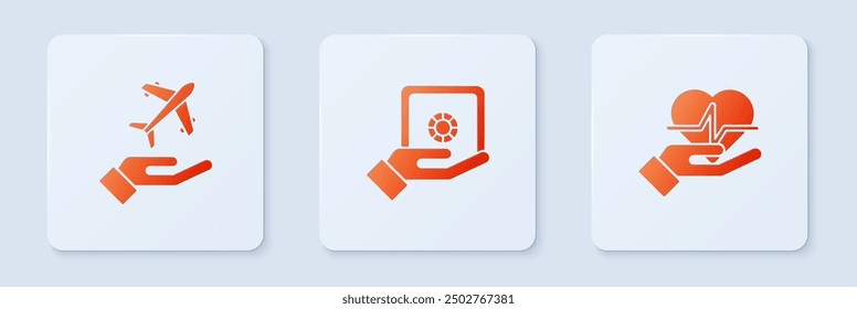 Set Safe in hand, Plane and Life insurance. White square button. Vector
