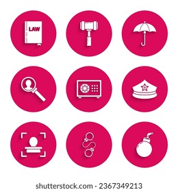 Set Safe, Handcuffs, Bomb ready to explode, Police cap with cockade, Face recognition, Magnifying glass for search, Umbrella and Law book icon. Vector