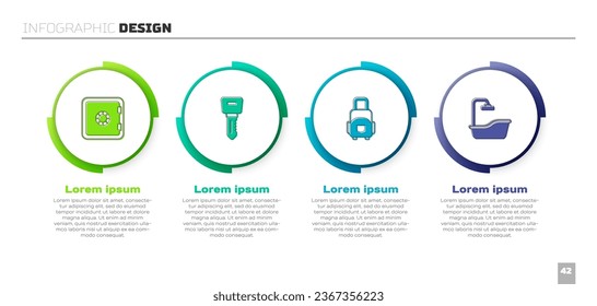 Set Safe, Hotel door lock key, Suitcase and Bathtub. Business infographic template. Vector