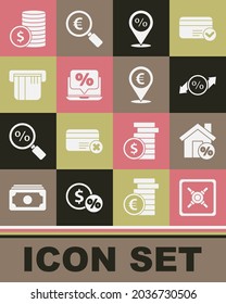 Set Safe, House with percant discount, Discount percent tag, Location, Percent and laptop, Credit card, Coin money dollar and Cash location icon. Vector